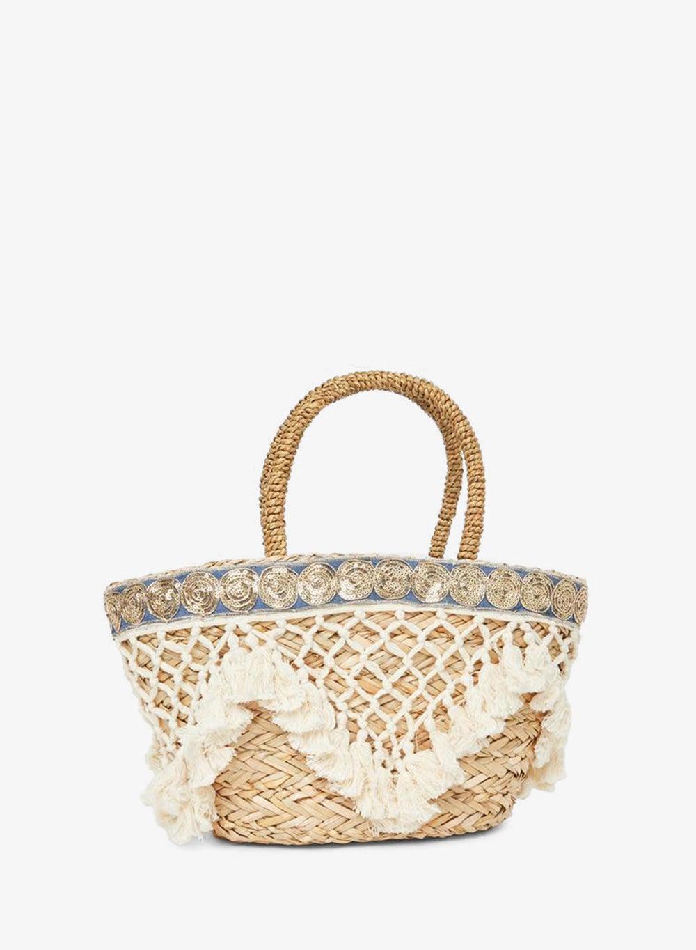 Styli Embellished Raffia Beach Handbag with Pompom Trim - Image 1