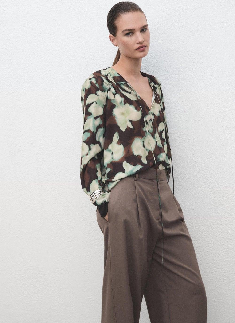 Floral V-Neck Blouse with Tie Detail - Image 1