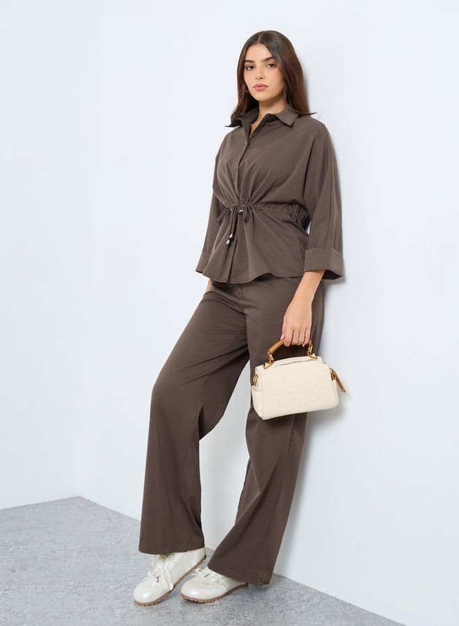 Styli Brown Drawstring Shirt and Pants Co-Ord Set - Image 1