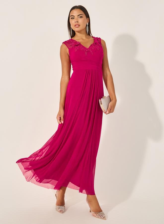 Fuchsia Embroidered Chiffon Maxi Dress - Image 1
