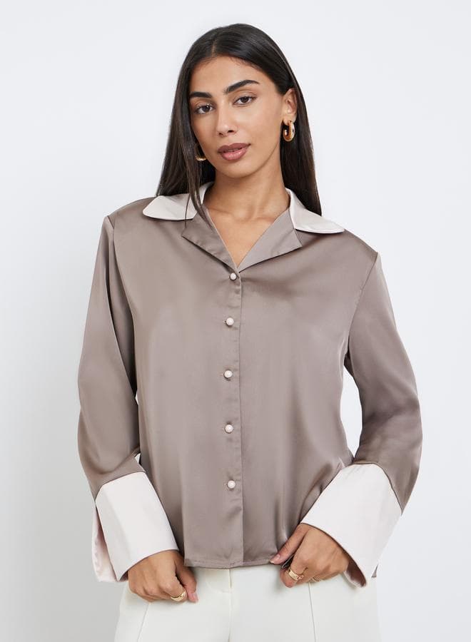 Styli Women Brown Color Block Notch Lapel Shirt - Image 1