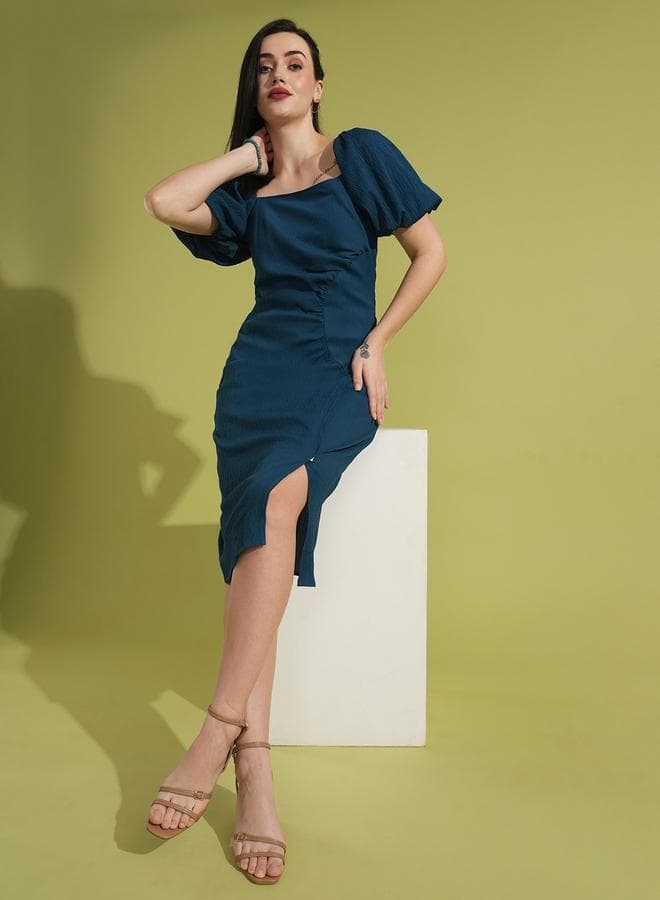 Globus Women Textured Square Neck Ruched Midi Dress - Image 1