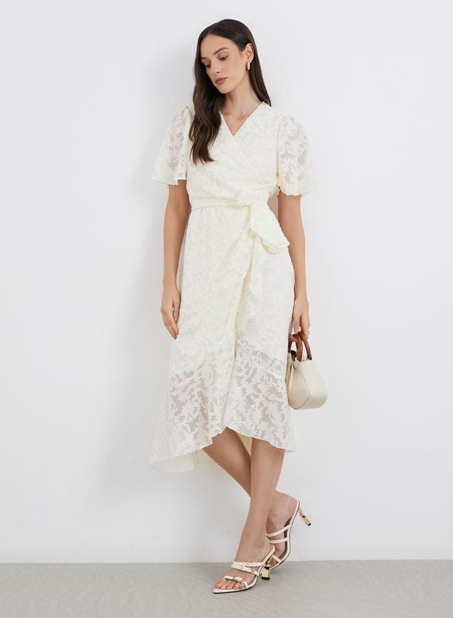 Floral Jacquard Detail Wrap Midi Dress - Image 1