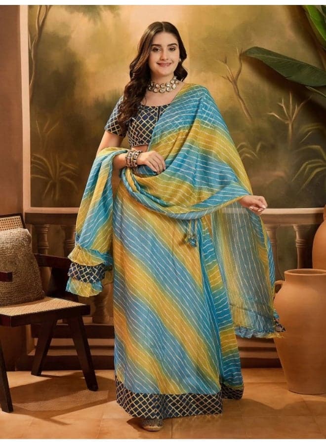 Blue Ombre Kota Doria Lehenga Choli Set with Gota Details - Image 1