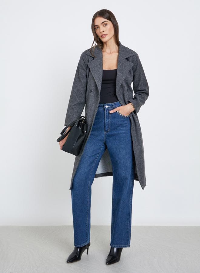 Styli Charcoal Knee-Length Coat with Belted Closure - Image 1
