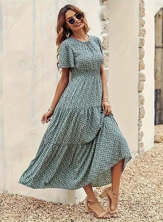 Sage Floral Tiered Midi Dress - Image 1