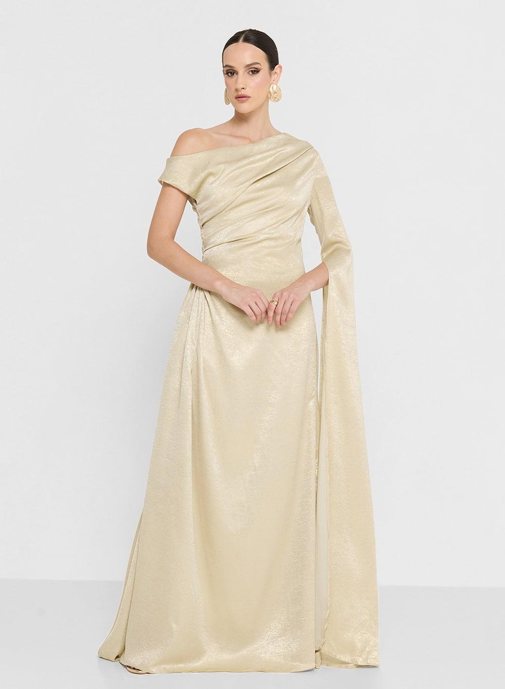 Draped Shimmer Maxi Dress with Exaggerated Slit Sleeve - Image 1