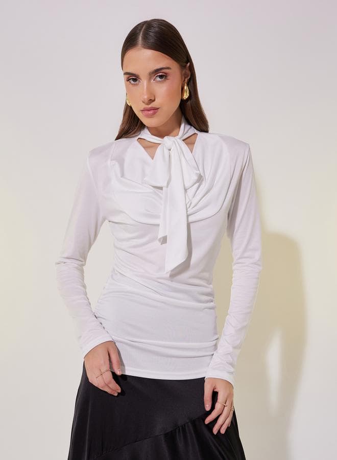 Solid Tie-Up Neck Long Sleeve Wrap Top - Image 1
