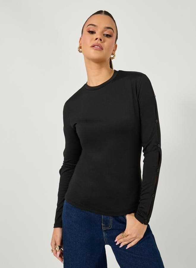 Styli Cut-Out Sleeve Button Detail Round Neck T-Shirt - Image 1