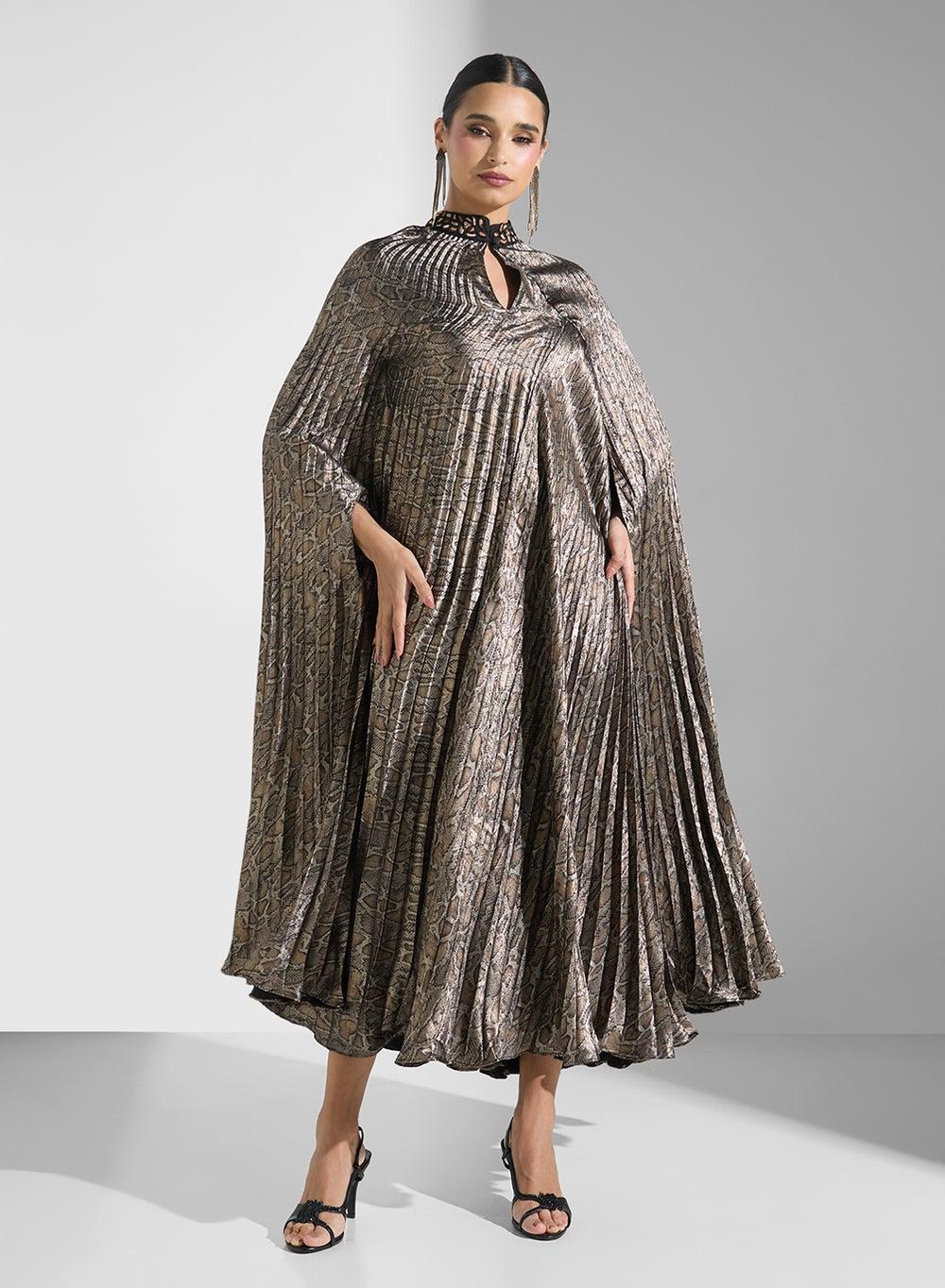 Bronze Pleated Metallic Snakeskin Midi Dress - Image 1