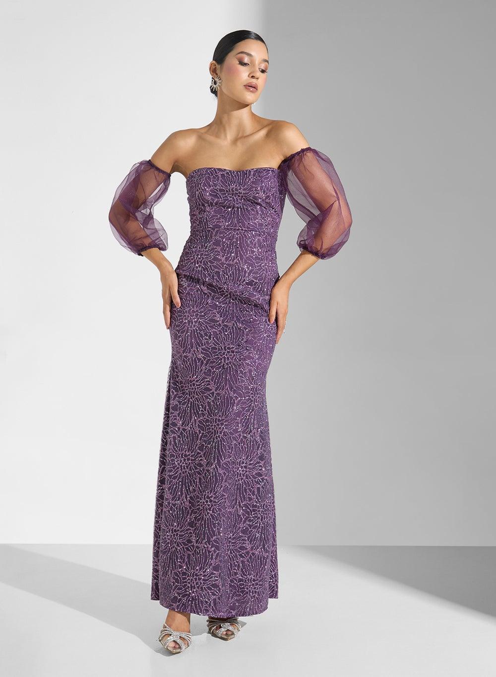 Off Shoulder Shimmer Maxi Dress - Image 1