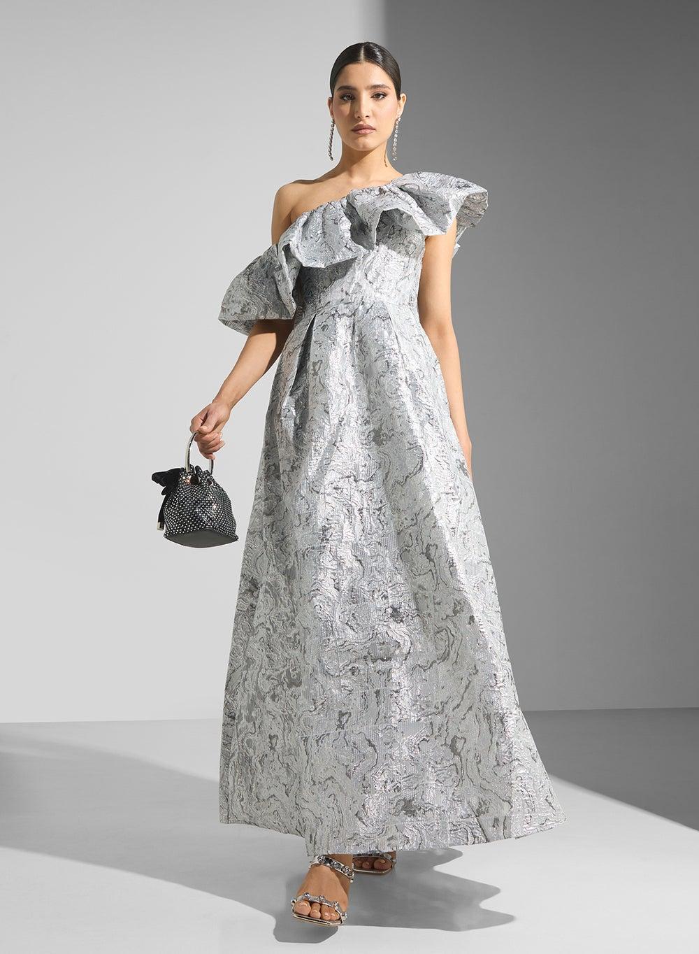 Metallic One-Shoulder Ruffle Maxi Gown - Image 1