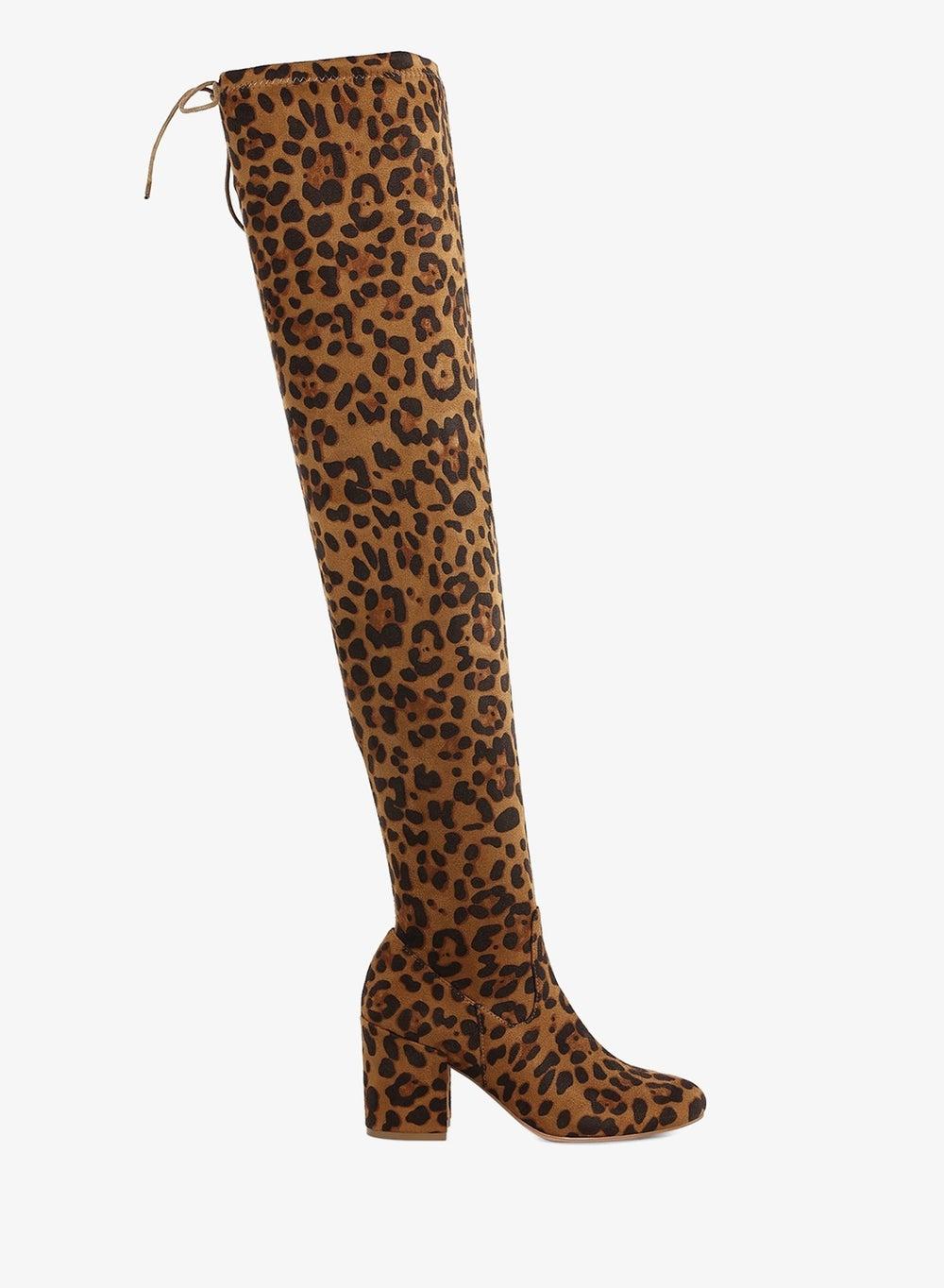 Minimal Leopard Knee-High Boots with Drawstring Detail - Image 1