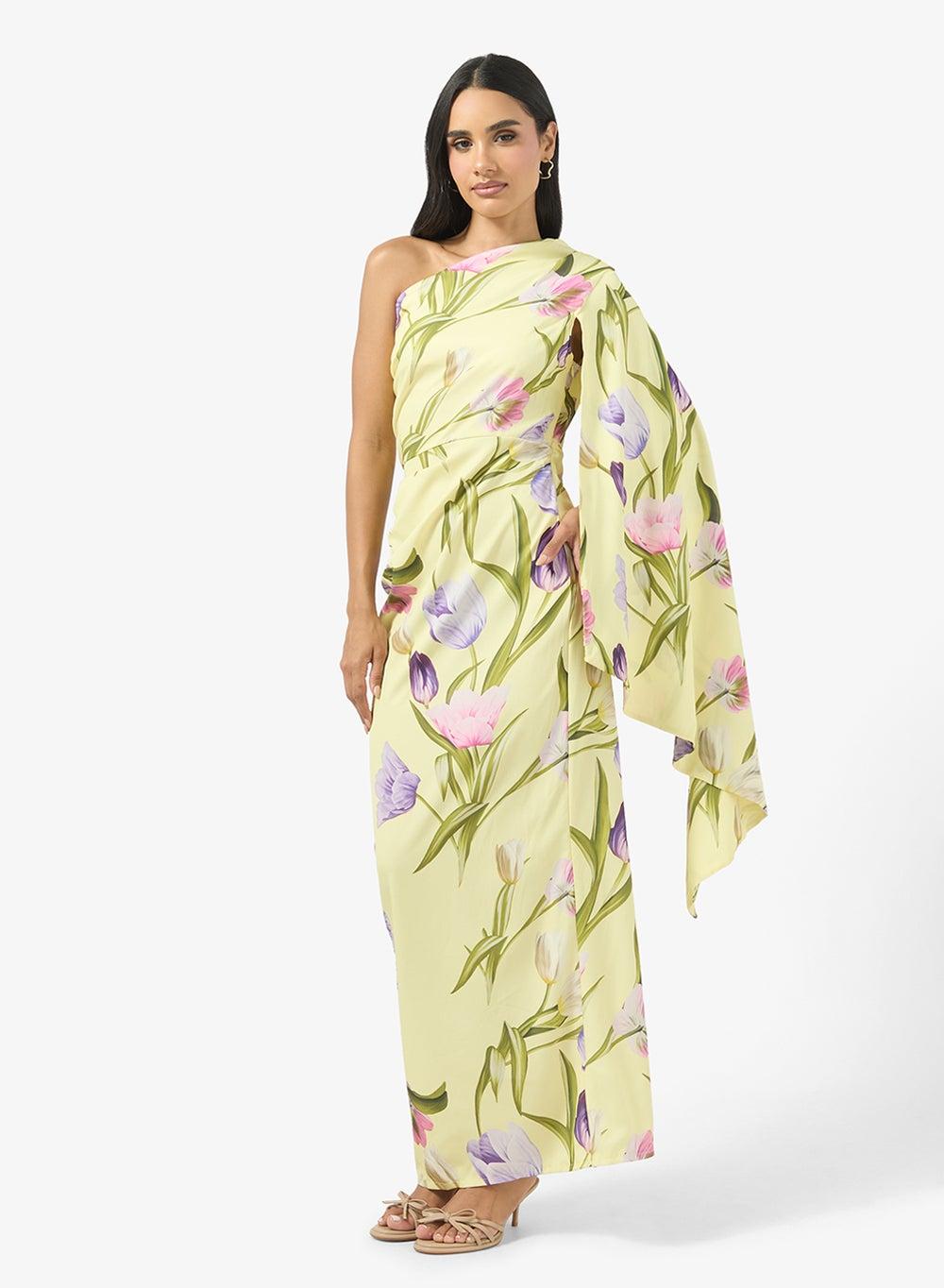 One Shoulder Cape Sleeve Draped Bodycon Maxi Dress - Image 1