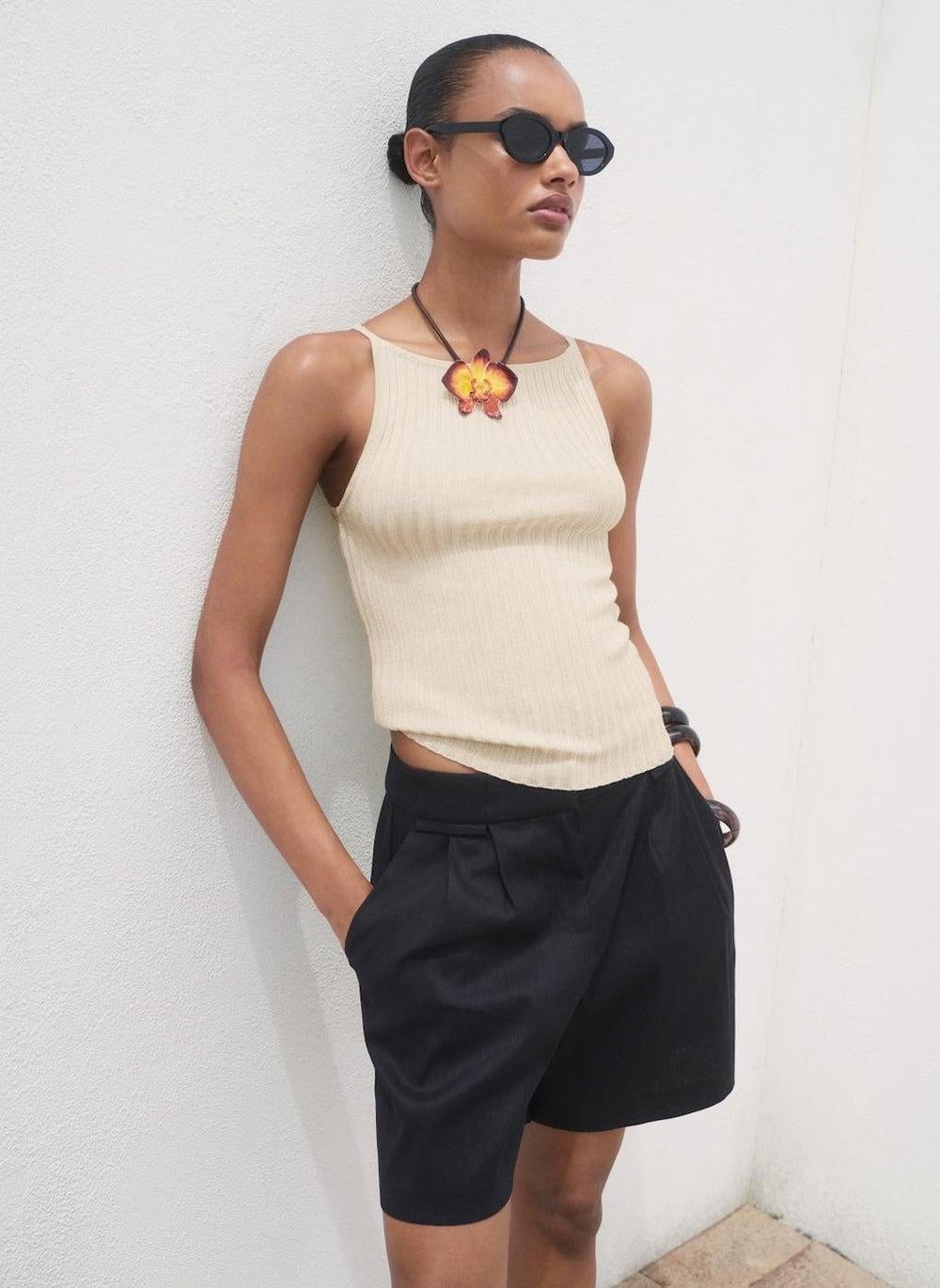 Fine Ribbed Knit Bateau Neck Crop Top - Image 1