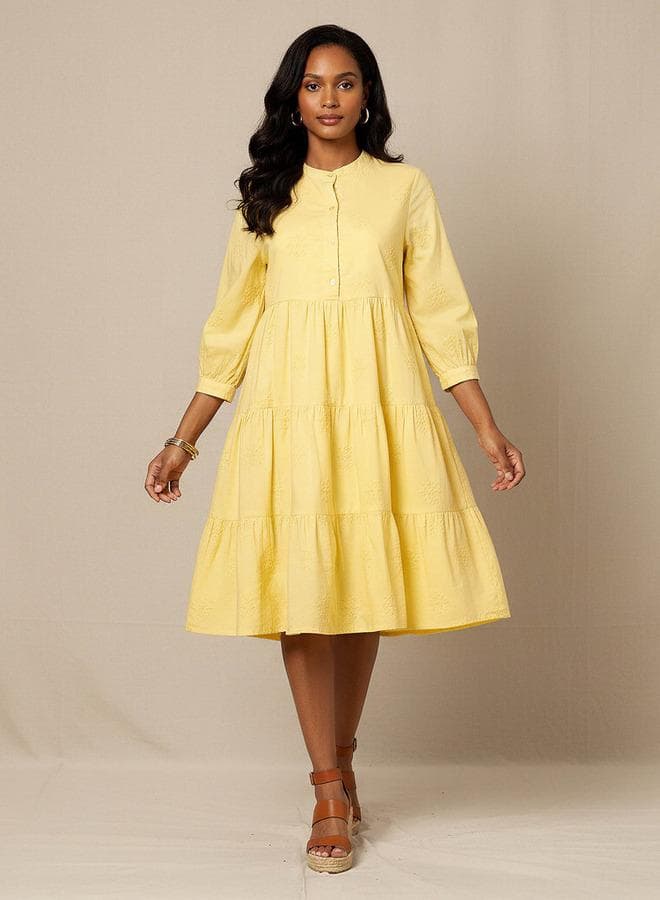 Embroidered Tiered Cotton Maxi Dress with Mandarin Collar - Image 1