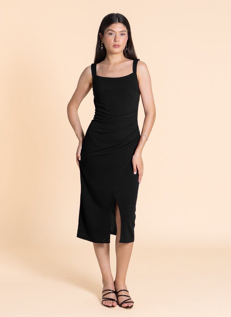 Sleeveless Black Midi Dress with Front Slit - Image 1