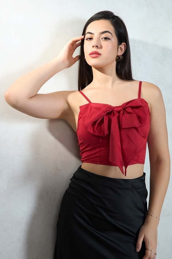VIRGIO Red Cotton Stretch Crop Top with Bow - Image 1
