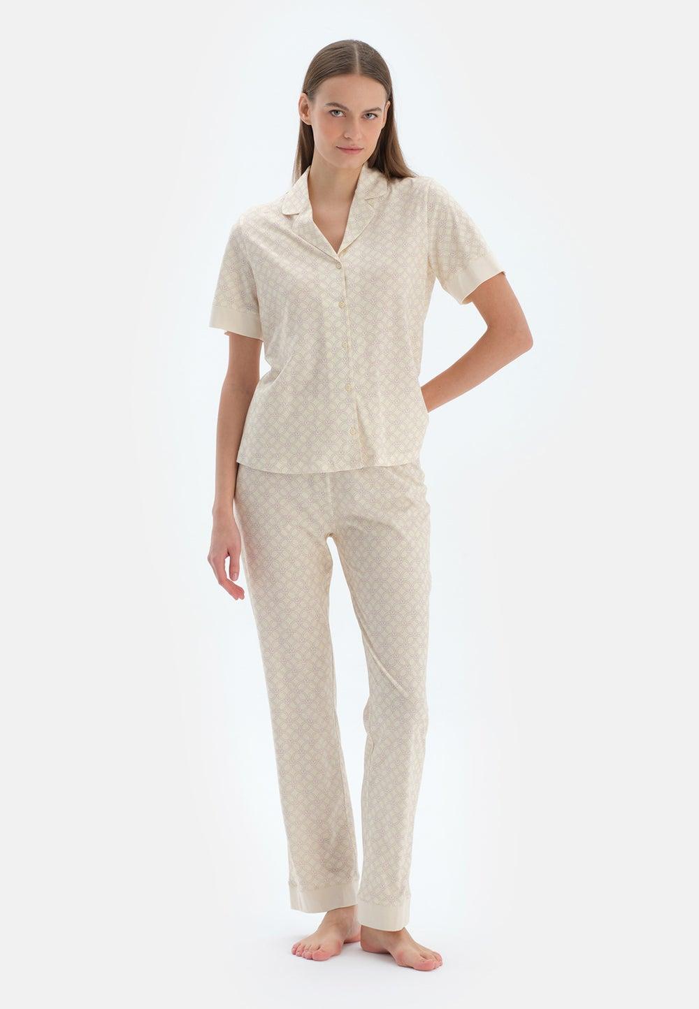 Printed Cotton Blend Long Pajama Set with Spread Collar - Image 1
