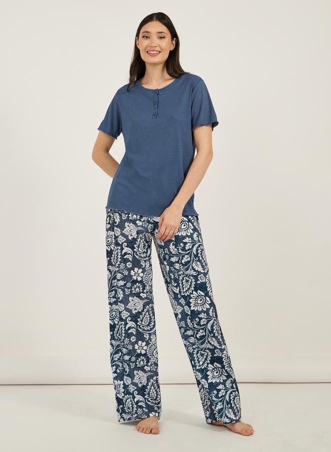 Styli Leaf Print Rib Placket Long Pyjama Set - Image 1