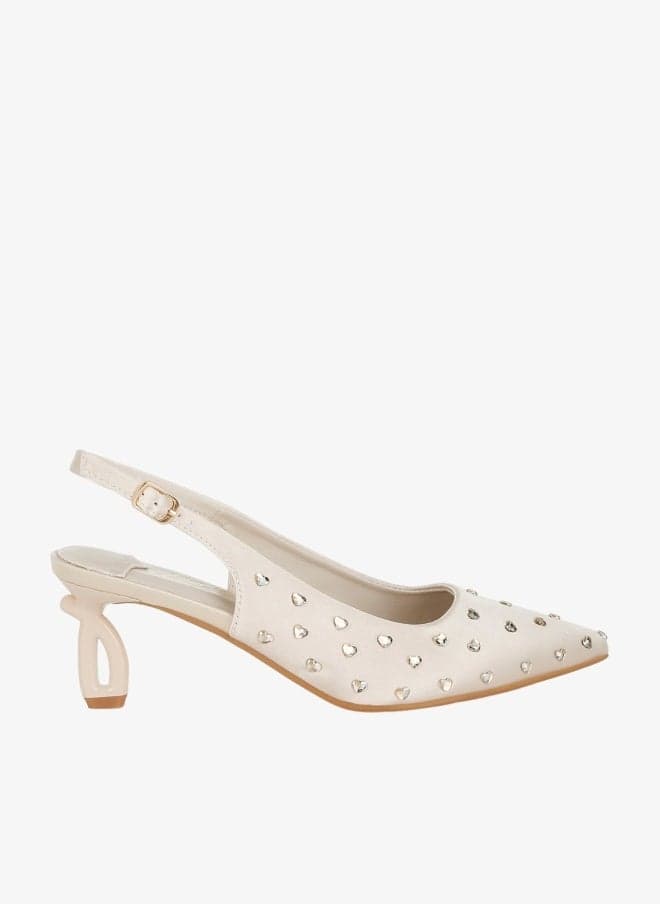 Beige Heart-Shaped Rhinestone Slingback Heels - Image 1