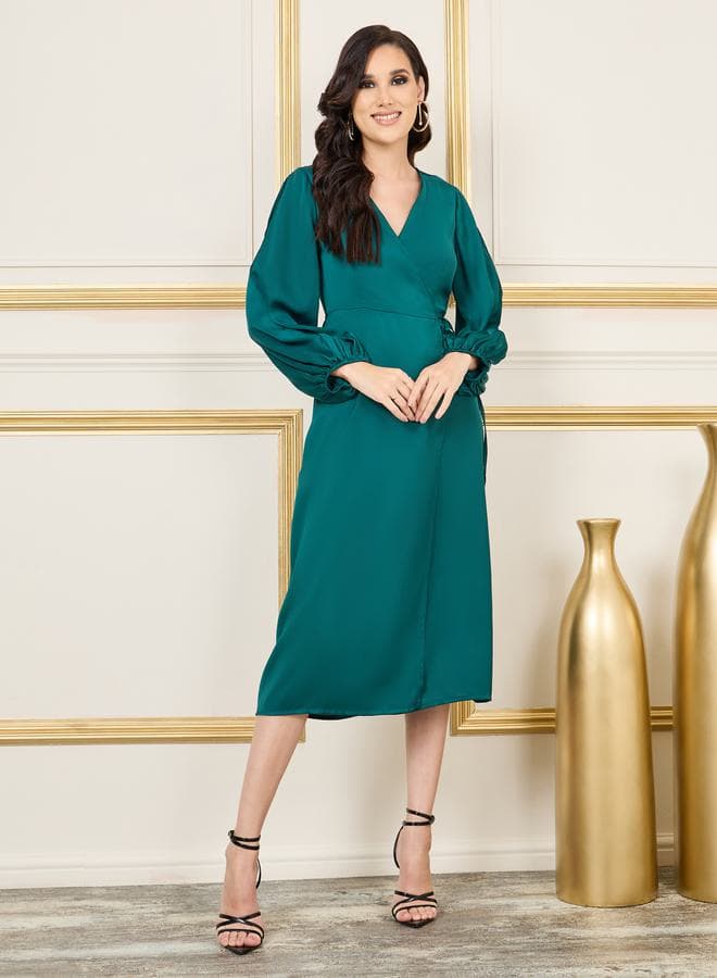 Styli Satin V Neck Wrap Midi Dress - Image 1