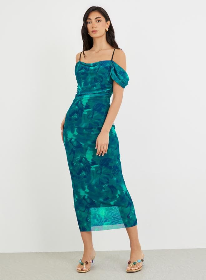 Styli Printed Off-Shoulder Bodycon Midi Dress - Image 1