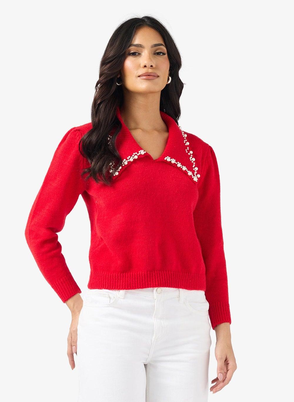 Casual Embellished Collar Sweater - Image 1