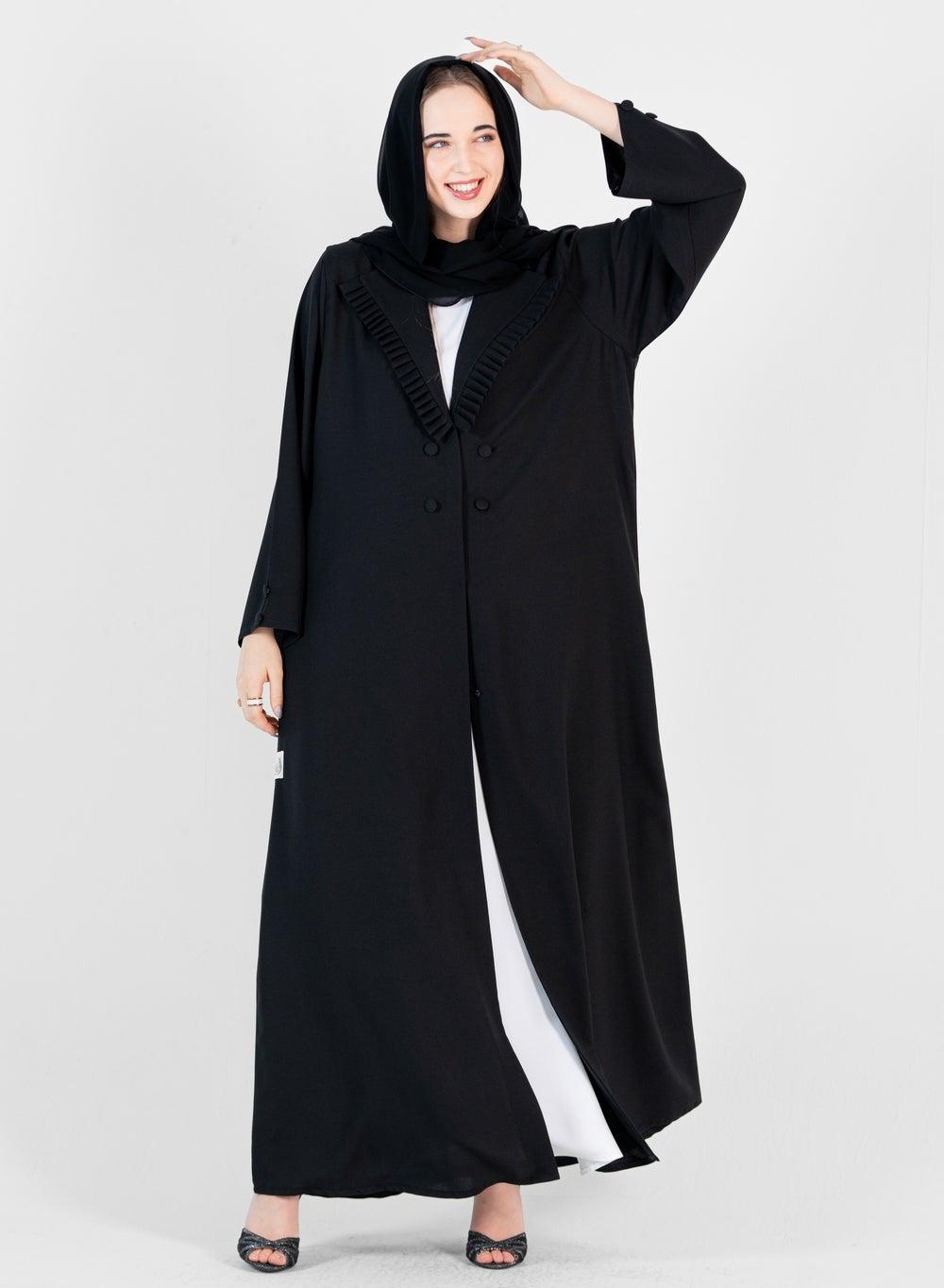 Pleated Neck Blazer Abaya with Button Detail - Image 1