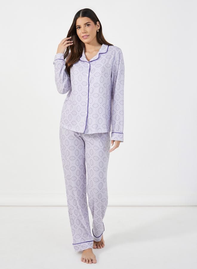 Styli Abstract Print Piped Trim Shirt Pyjama Set - Image 1