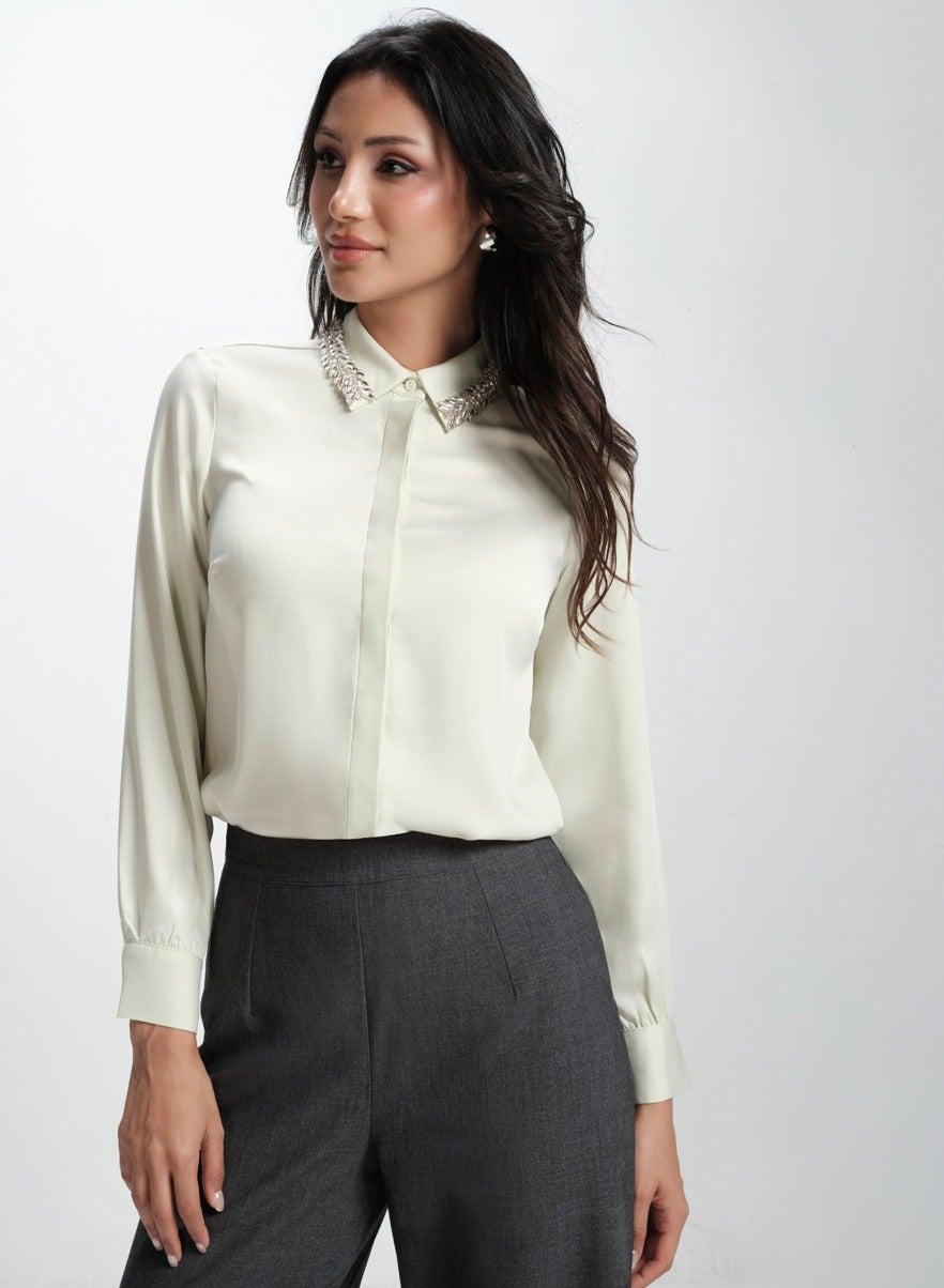 Collar Bead Detailed Chiffon Shirt - Image 1