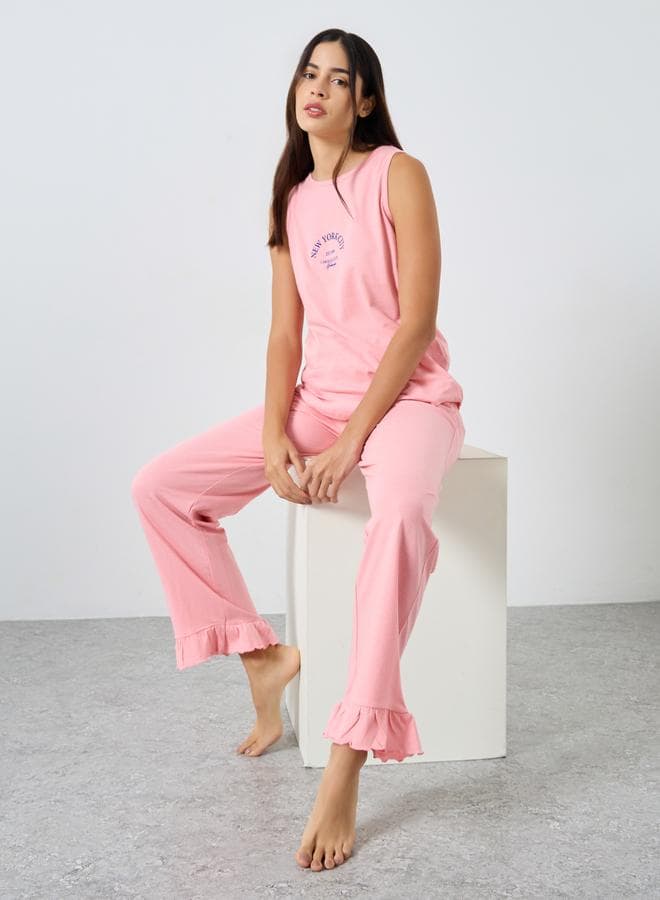 Styli New York Print Vest & Ruffle Hem Pyjama Set - Image 1