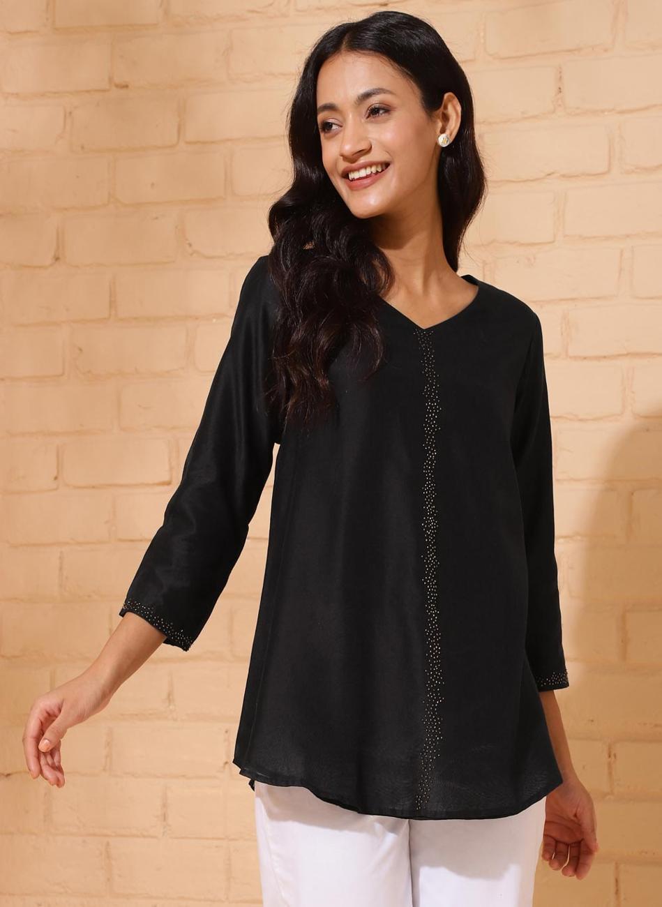 Black Cotton Silk Woven Tunic - Image 1