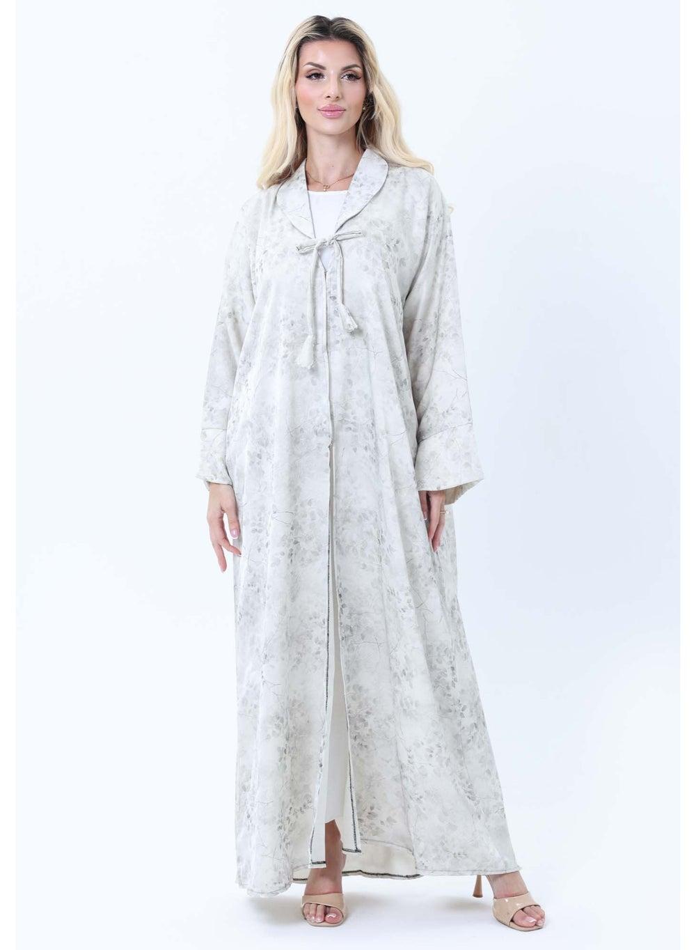 Cream Floral Print Abaya with Collar and Headscarf - Image 1