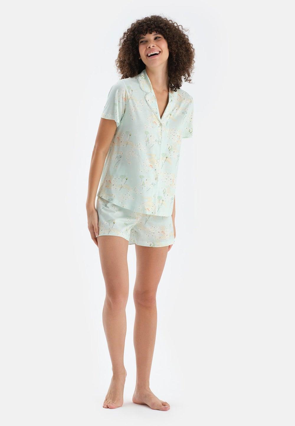 Floral Green Cotton Blend Shirt & Shorts Nightwear Set - Image 1