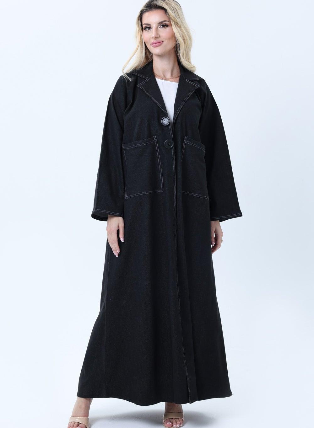 Black Denim Abaya with Pockets and Sheila - Image 1