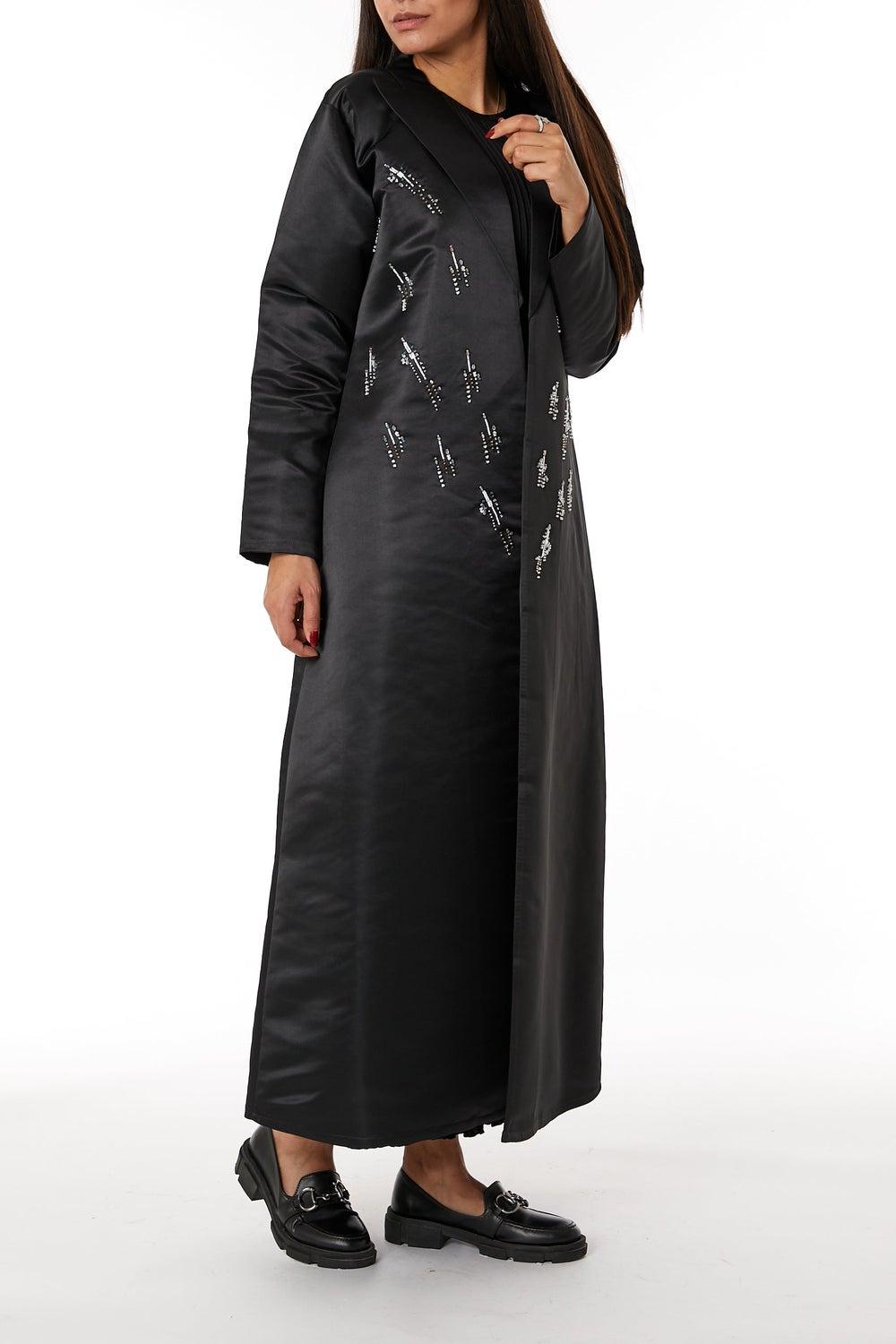 Lapel Collar Satin Embroidered Abaya - Image 1