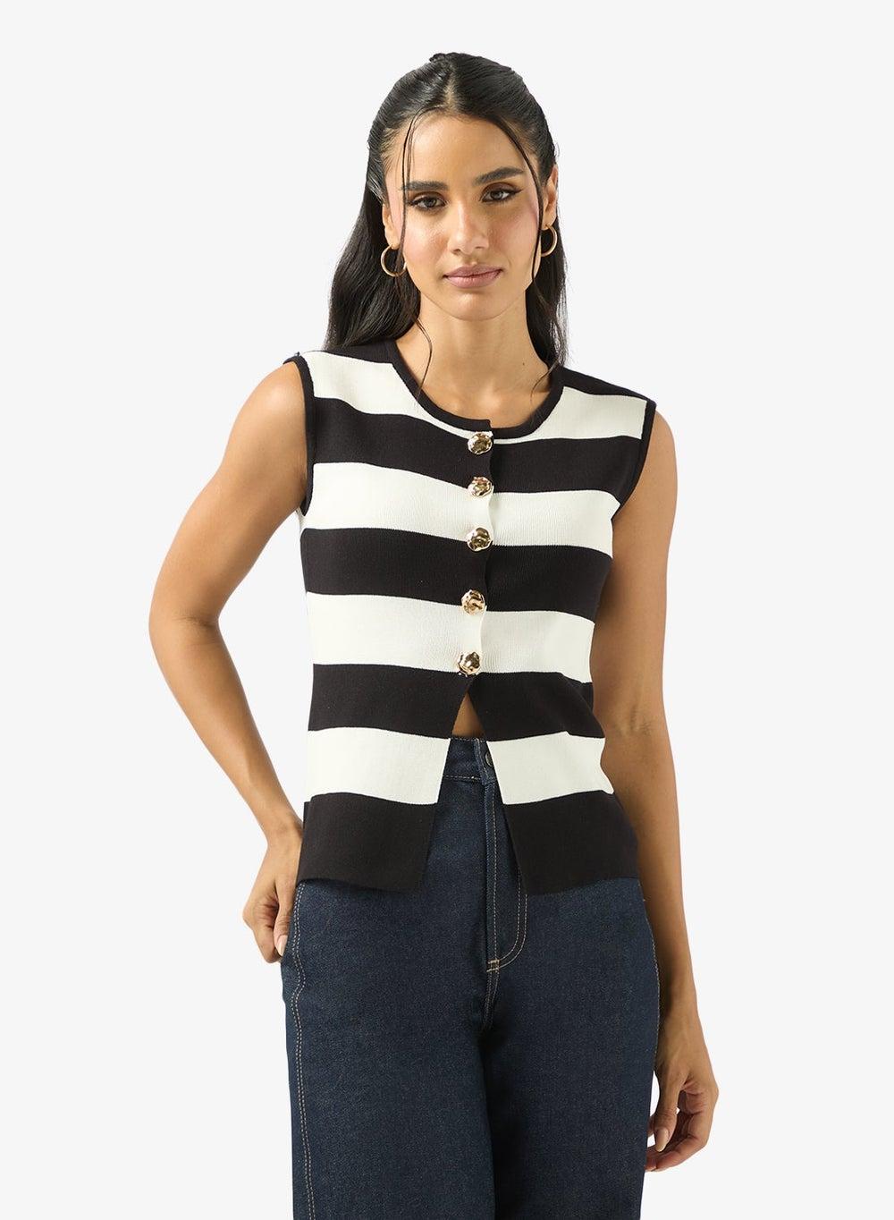 Knitted Stripe Button-Up Vest - Image 1