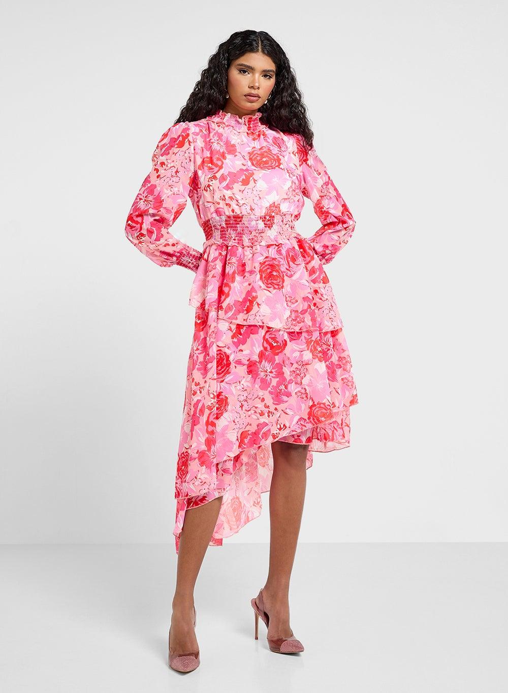Pink Floral Midi Dress with High Neck and Ruffle Hem - Image 1
