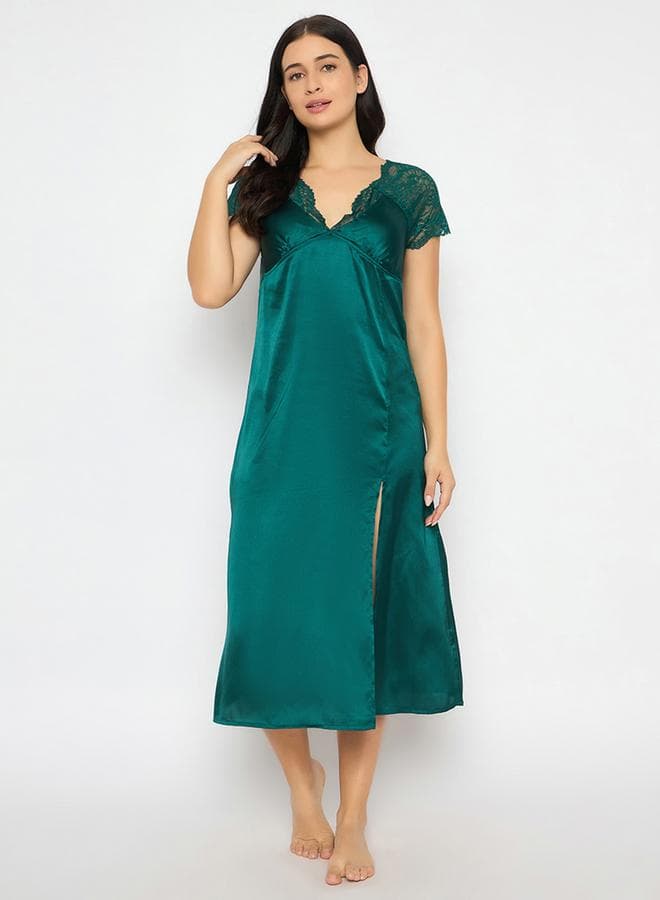 Clovia Solid Padded V Neck Satin Nightdress with Lace Insert - Image 1