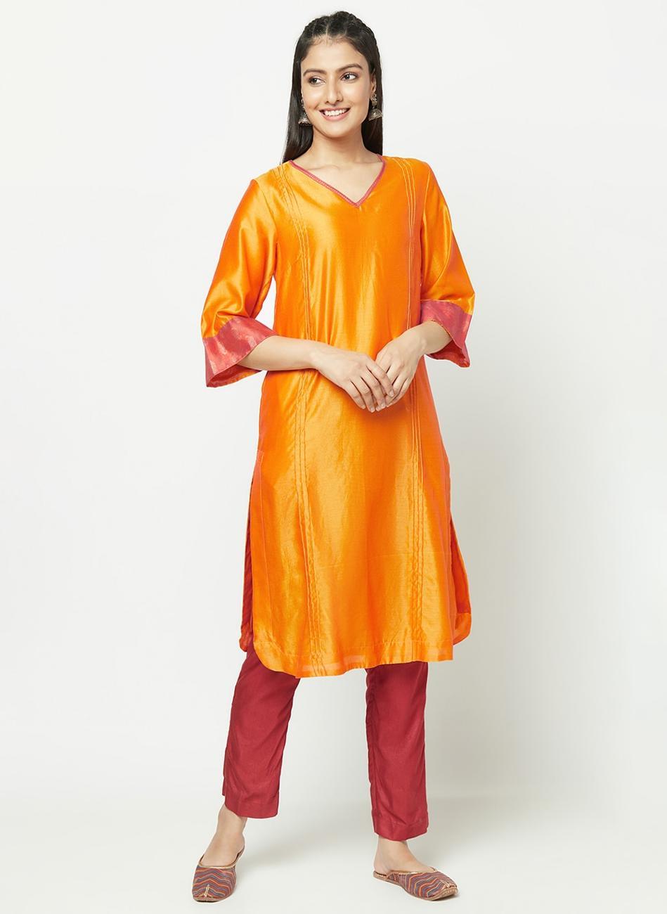 Yellow Cotton Silk Knee-Length Kurti - Image 1