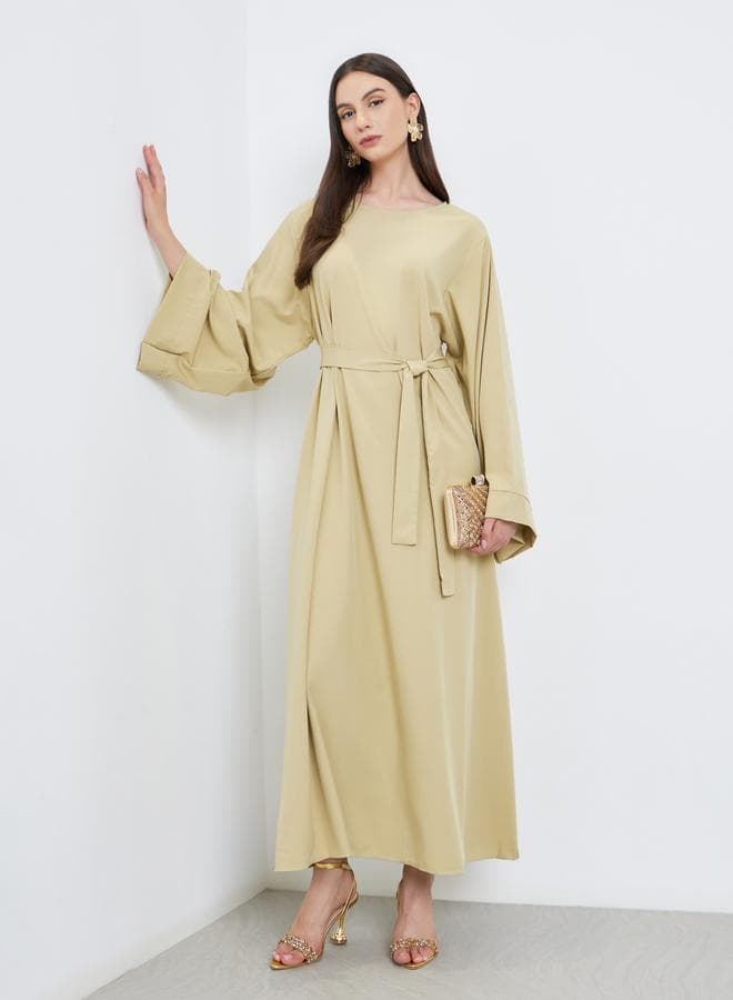 Solid Long Sleeve Belted Abaya - Image 1