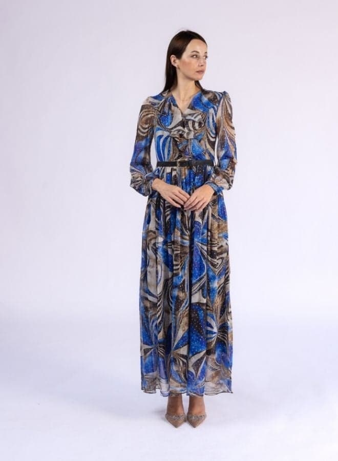 V Neck Full Sleeve Modest Dress with Gold Shimmers - Image 1