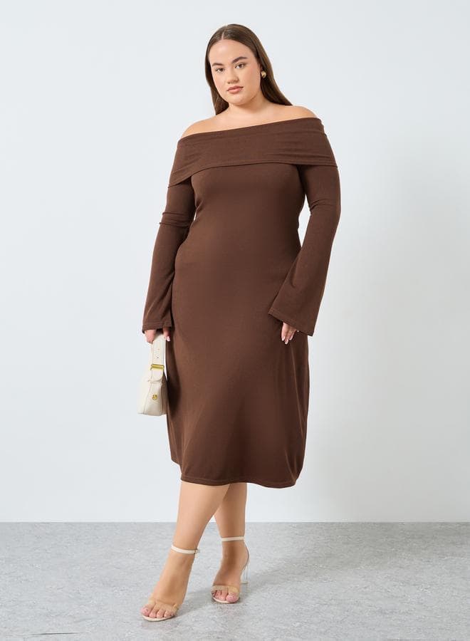 Styli Plus Size Brown Off-Shoulder Midi Dress - Image 1