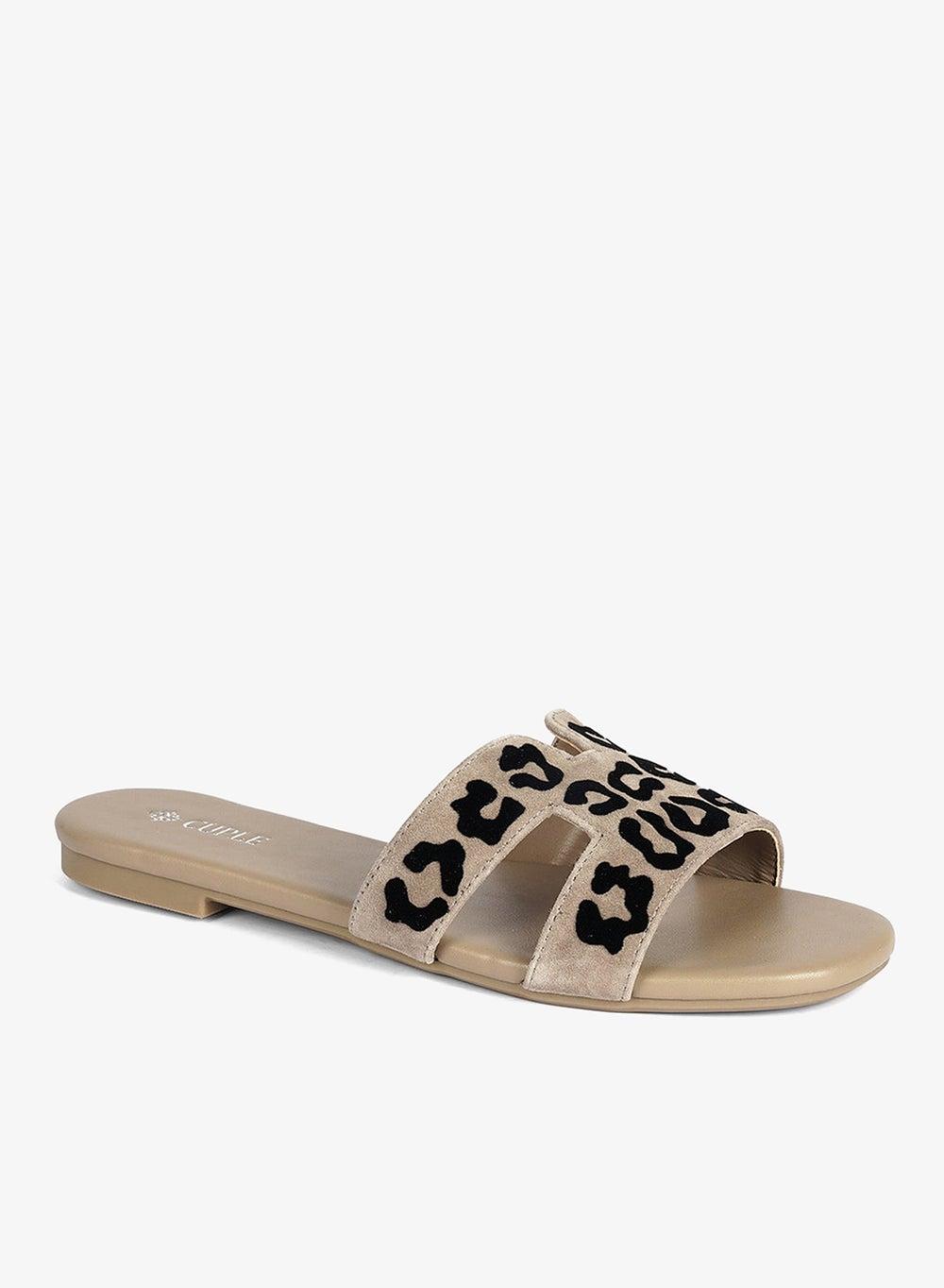 Beige Suede Leopard Flat Flip Flop - Image 1
