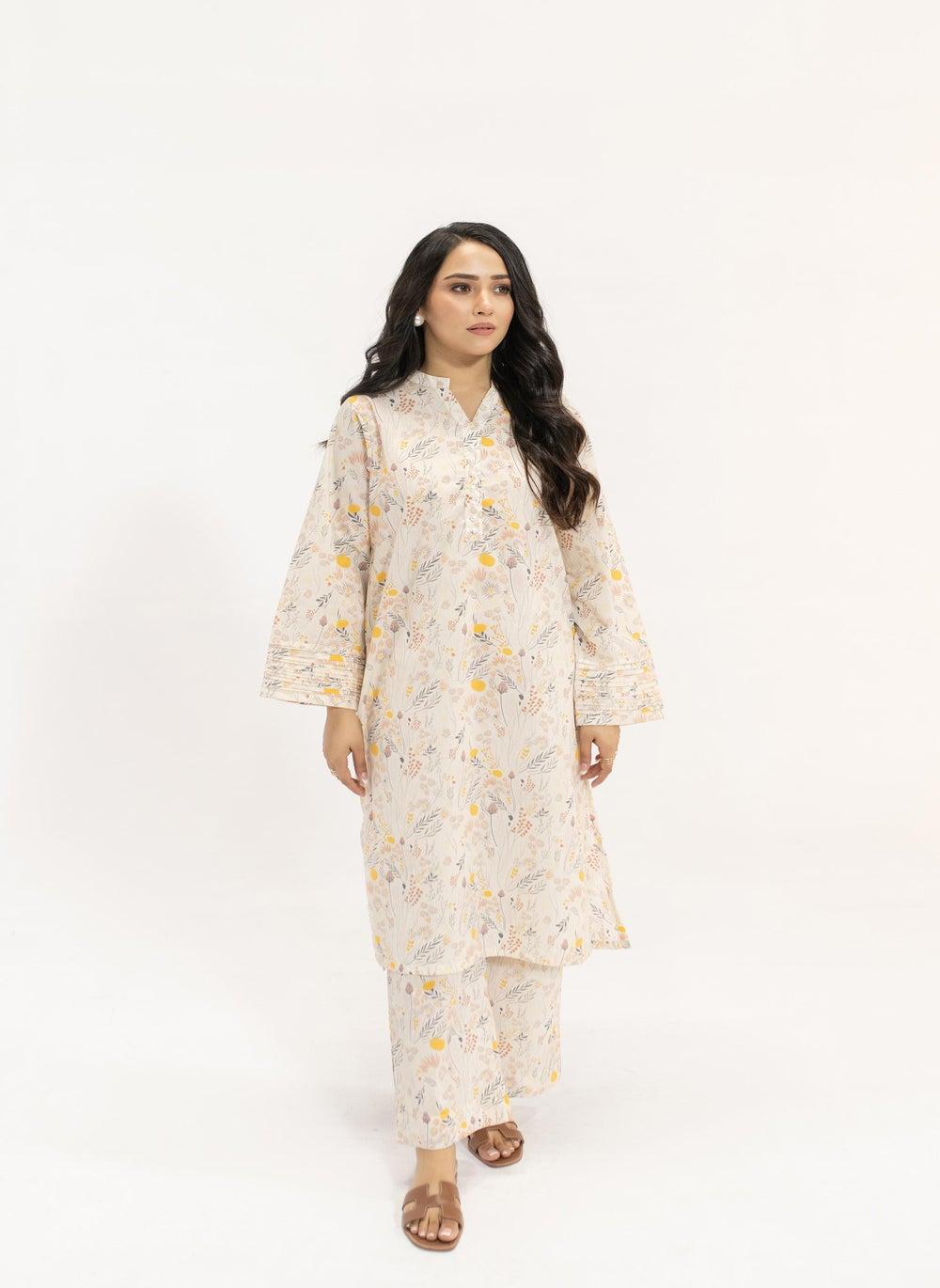 Yellow Pearl Floral Soft Stretchy Kurta Set - Image 1