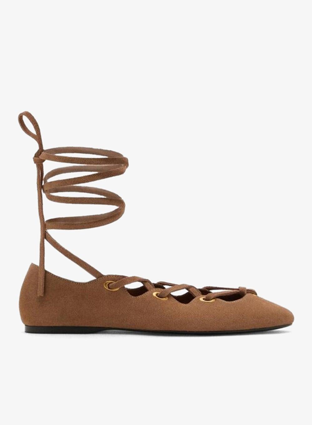 Suede Ballet Flats with Crossed Ankle Straps - Image 1