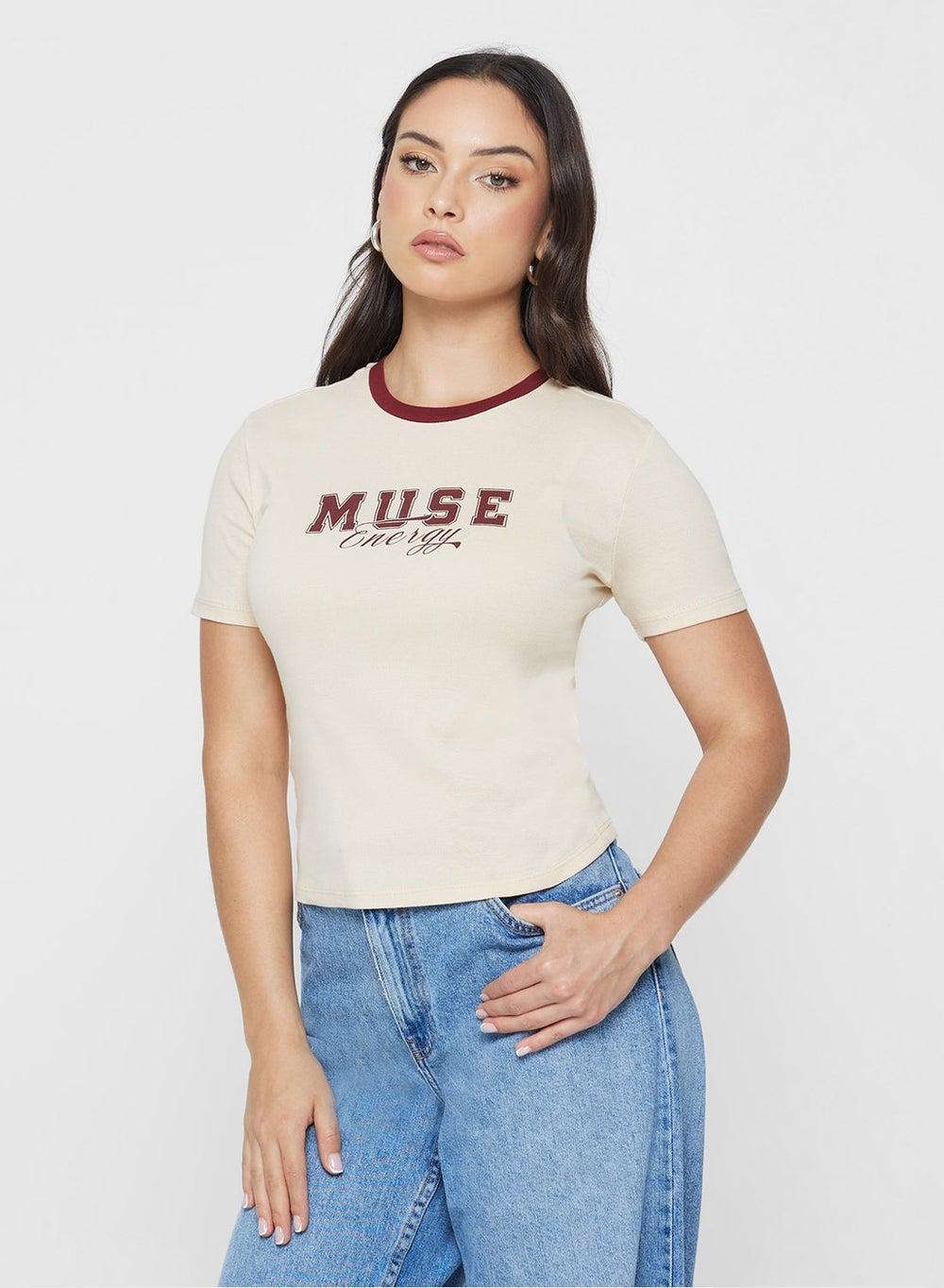 Short Sleeve Printed Cotton T-Shirt with Contrast Neckline - Image 1