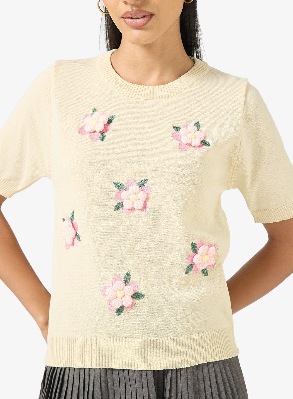 Floral Embroidered Short Sleeve Sweater - Image 1