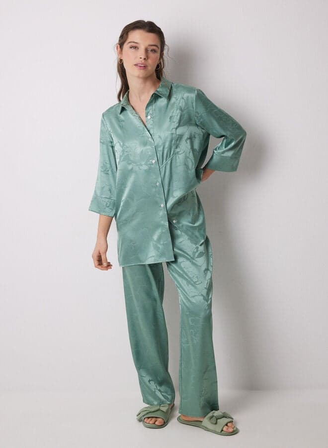 Long Green Jacquard Satin Pajama Shirt - Image 1